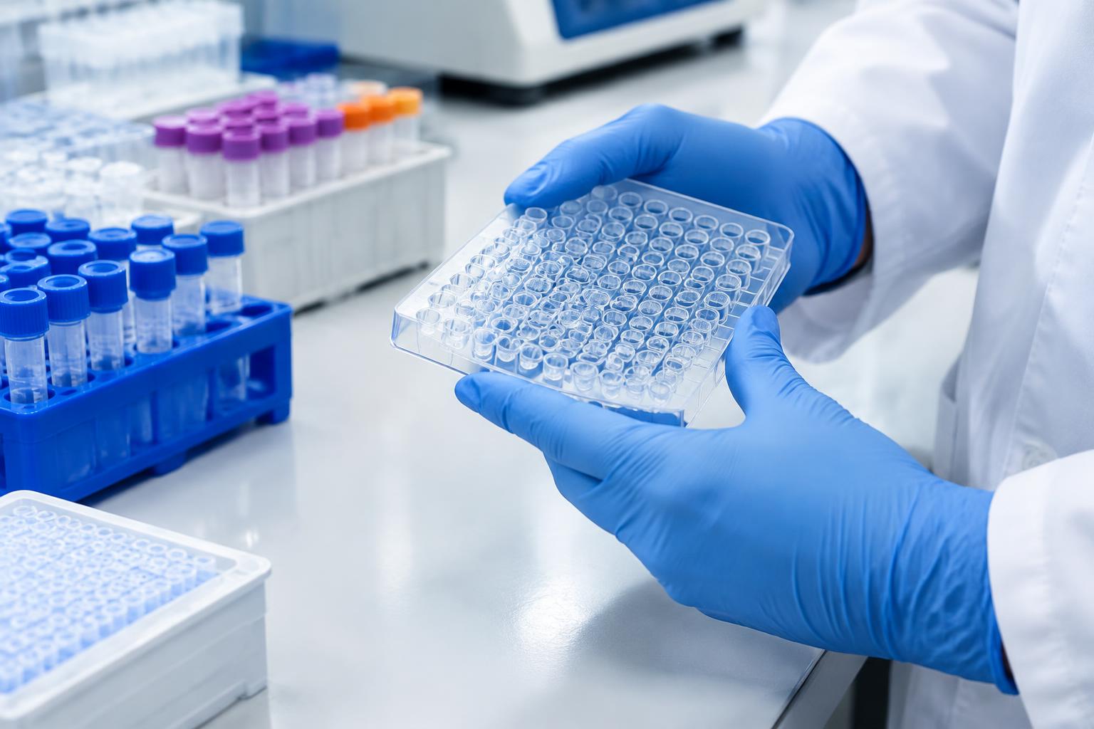 Gloved hands holding a 96-well plate beside tube racks