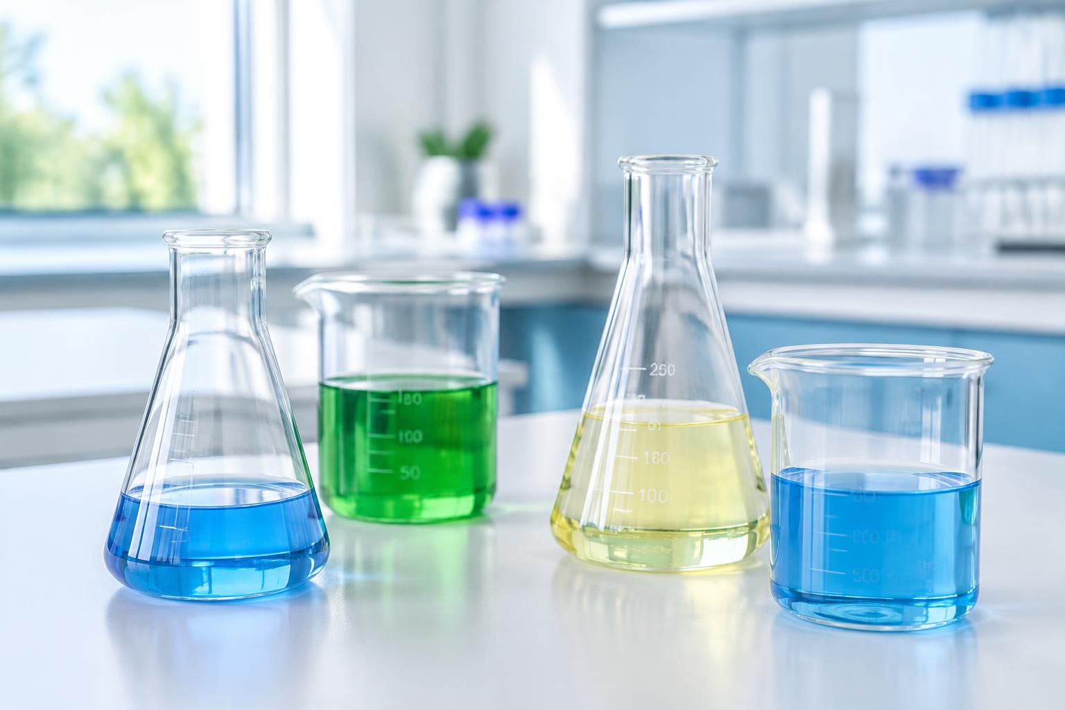 Flasks and beakers containing coloured laboratory liquids