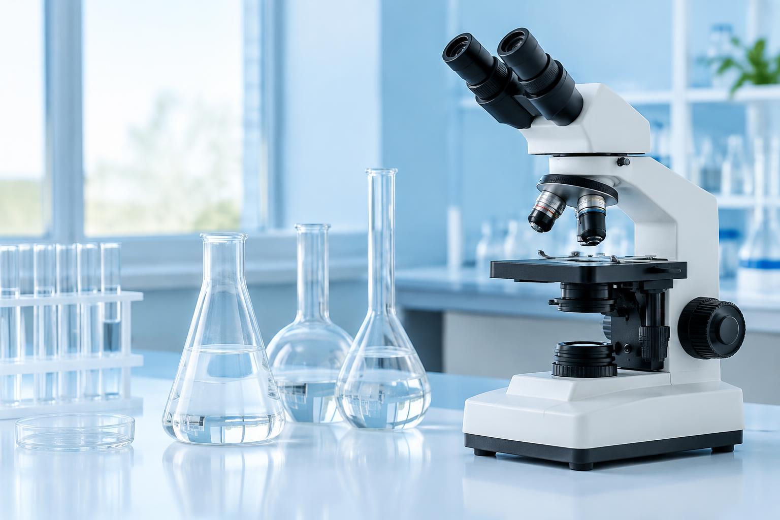 Microscope beside clear laboratory flasks