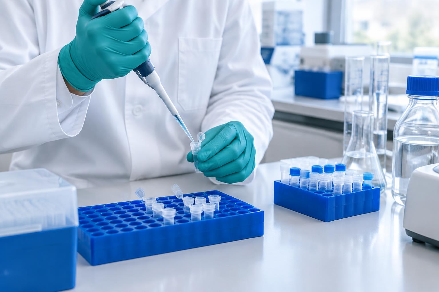 Gloved hands pipetting into a vial at a laboratory bench
