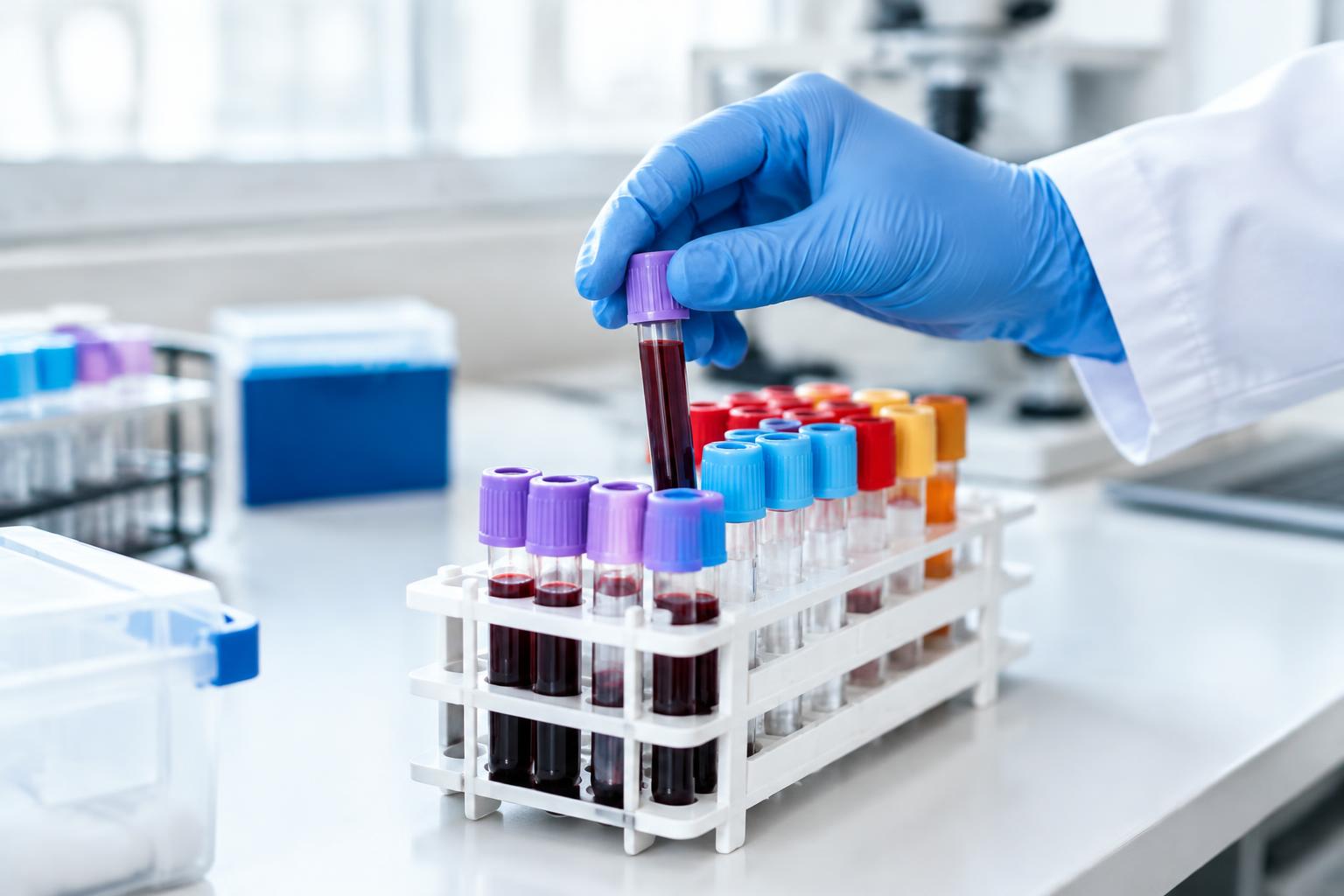 Gloved hand placing a blood sample tube in a rack
