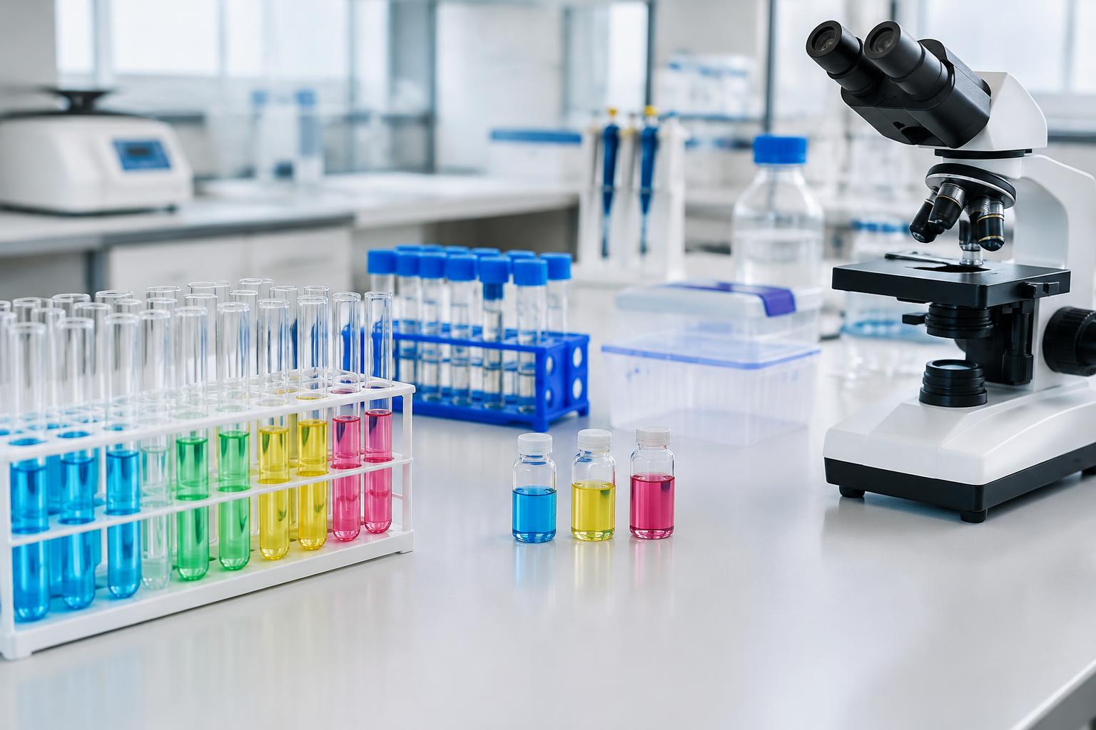 Coloured sample tubes beside a laboratory microscope